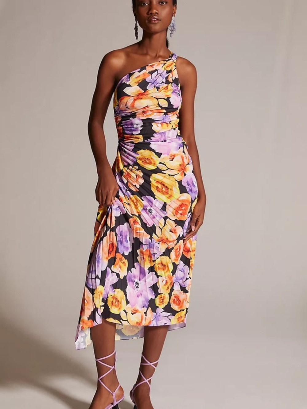 Geisha Designs Anthropologie Asymmetrical Hem Midi Dress Purple Motif Medium